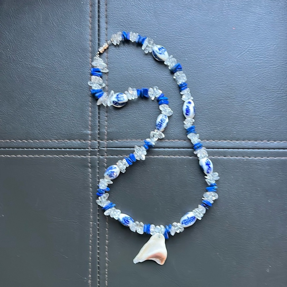 Seashell Necklace Handmade Blue Lapis Lazuli Crystal Quartz Porcelain Beads